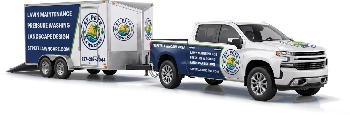 St. Pete Lawncare branded pickup truck and equipment trailer